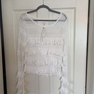 By Anthropologie Ruffle Open-Knit Sweater in Ivory